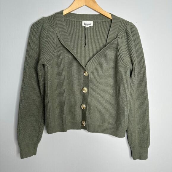 &merci Women's Olive Green Ribbed Cropped‎ Button Front Cardigan Size S NWOT - Picture 1 of 6
